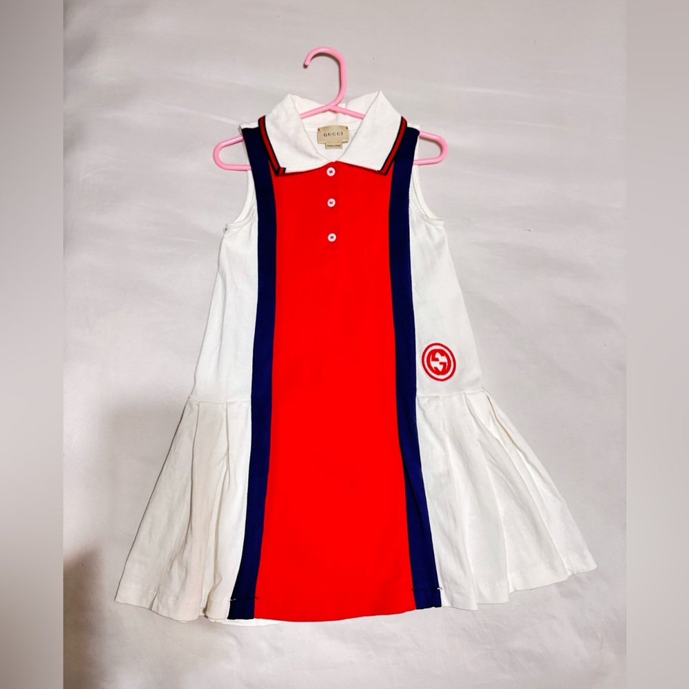 GUCCI Kids Pleated Cotton Jersey Polo Dress – Red, White & Navy (Size 4Y)
